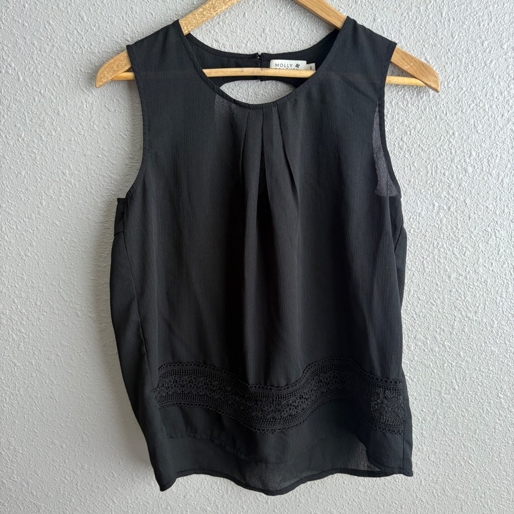 Molly Bracken Black Sheer Chiffon Sleeveless Lace Trim Tank Top S